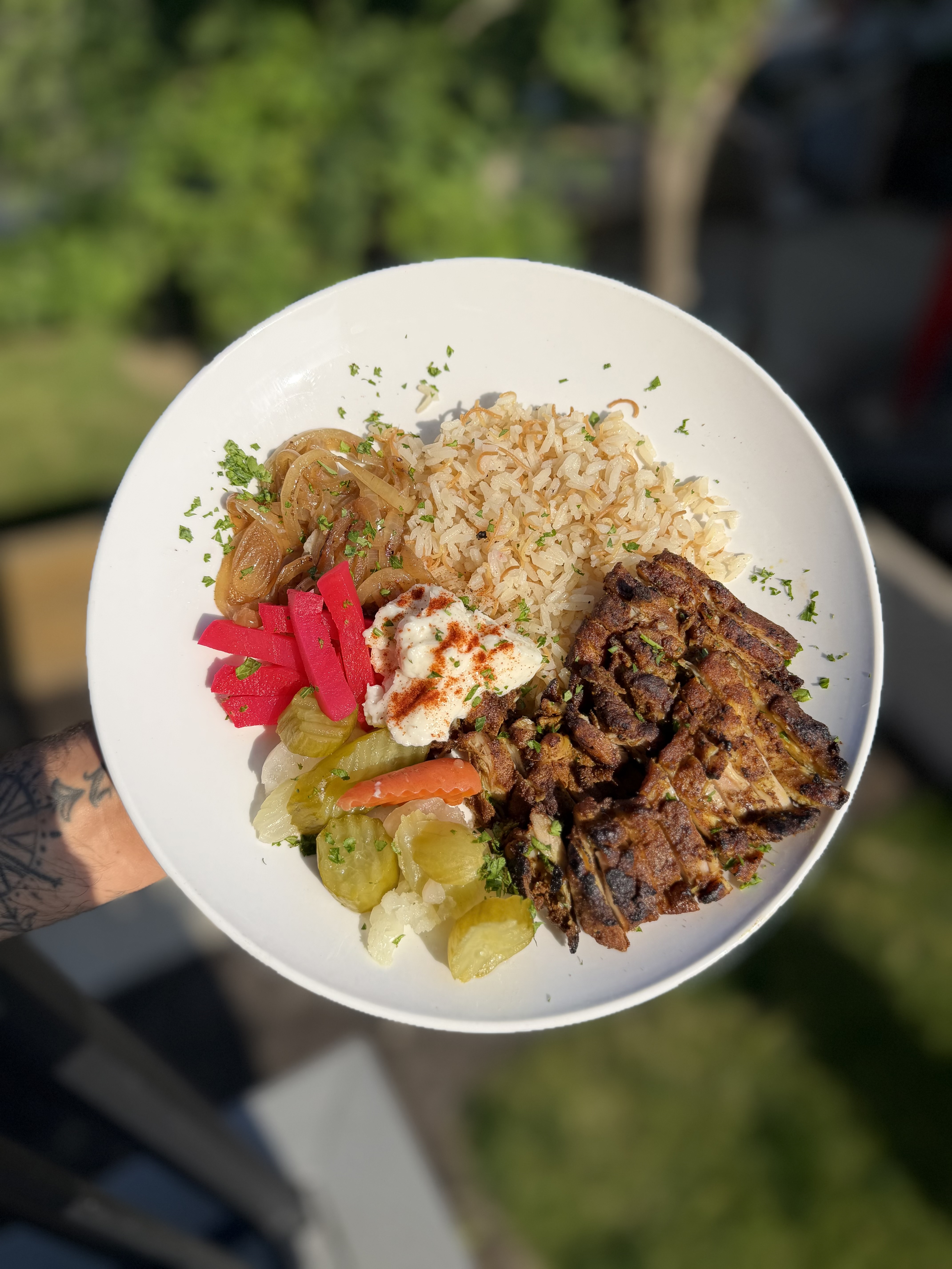 Chicken Shawarma with Lebanese rice, pickled turnips and Middle Eastern pickles